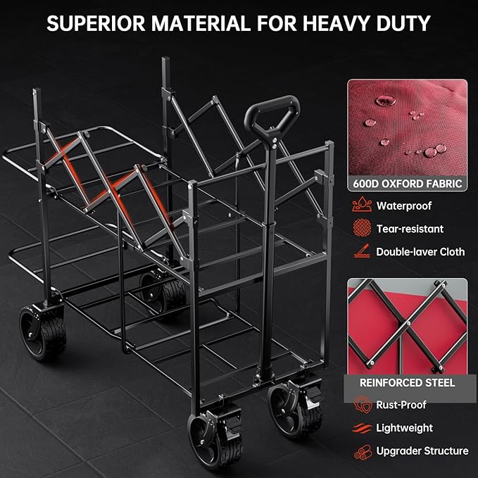 Double Decker Wagon 320L Large Capacity 400LBS Collapsible Sports Utility Cart with Big Wheels,Double Extended Tailgate Heavy Duty Folding Wagon Cart for Groceries,Camping,Outdoor-Rose Pink