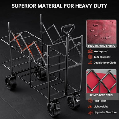 Double Decker Wagon 320L Large Capacity 400LBS Collapsible Sports Utility Cart with Big Wheels,Double Extended Tailgate Heavy Duty Folding Wagon Cart for Groceries,Camping,Outdoor-Rose Pink