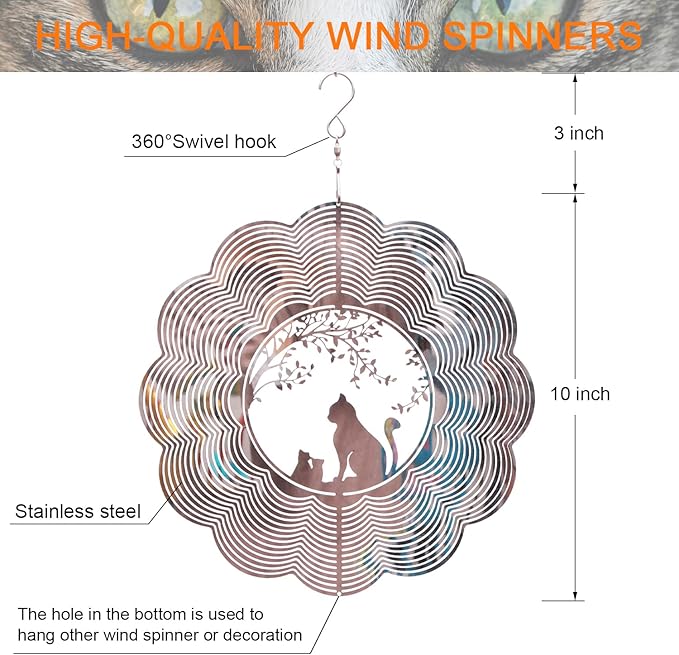 SPRING SONG Cat 3D Kinetic Wind Spinner for Yard and Garden Mirrored Stainless Steel Spinner Indoor and Outdoor Hanging Decor Crafts Ornament Gifts Kinetic Art Yard Garden Hanging Wind Spinner