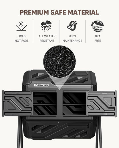 THEGROW'ING Updated 43 Gallon Compost Bin Outdoor, Fast Assemble Tumbling Composter, Dual Chamber Composter Tumbler, Rotating Compost Bin for Outside, Backyard, Garden and Yard, Black
