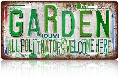 Vintage Garden Metal Tin Sign License Plate Wall Decor for Garden Lover 12 x 6 Inches - all pollinators welcome here