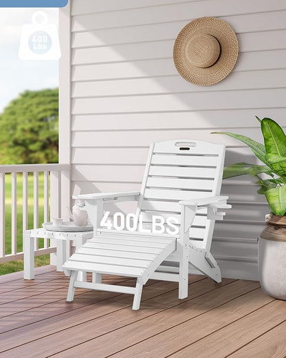 Folding Adirondack Chairs Set of 2,Adirondack Chair with Retractable Ottoman,Plastic Adirondack Chairs with 2 Cup Holder,Weather Resistant Patio Chair,Outdoor Chairs Set of 2(White)