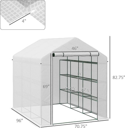 Outsunny 8' x 6' x 7' Walk-in Greenhouse, PE Cover, 4-Tier Shelves, Steel Frame Hot House, Roll-Up Zipper Door for Flowers, Vegetables, Saplings, Tropical Plants, White