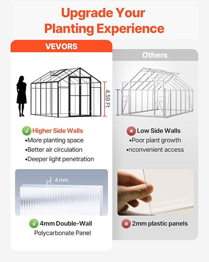 VEVOR Polycarbonate Garden Greenhouse, 8 x 10 Ft, with 2 Ventilation Windows, Hinged Door, Pavilion Style, Large Aluminium Greenhouse Kit, Flower Plant Shelter for Outdoors, Backyard