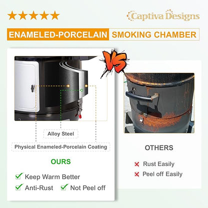 Captiva Designs 18-inch Vertical Charcoal Smoker Grill with Porcelain-Enameled Smoking Chamber, Wood Mountain Smoker for Meat Turkey and BBQ, with Built-in Thermometer