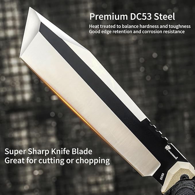 HX OUTDOORS 14 Inch Machete Camping Knife, Premium DC53 Steel Fixed Blade Knife, Kukri Gardening Machete with Kydex Sheath for Yard Work, Cutting Trees, Clearing Brush