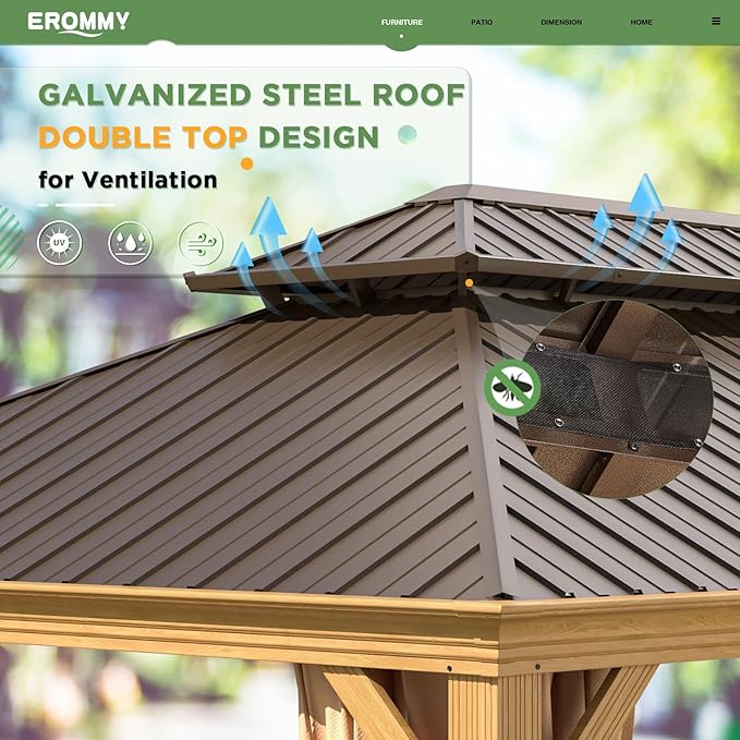 EROMMY 14'x20' Gazebo, Galvanized Steel Double Roof with Wood Grain Aluminum Frame, Outdoor Permanent Metal Pavilion with Curtains and Nettings for Patio, Backyard and Deck