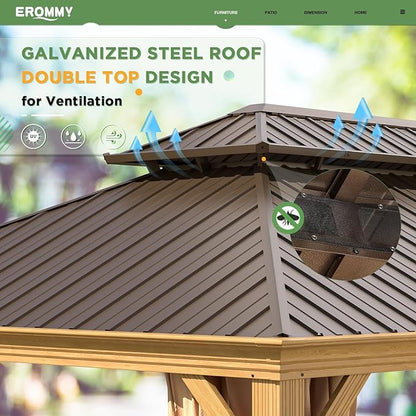 EROMMY 14'x20' Gazebo, Galvanized Steel Double Roof with Wood Grain Aluminum Frame, Outdoor Permanent Metal Pavilion with Curtains and Nettings for Patio, Backyard and Deck