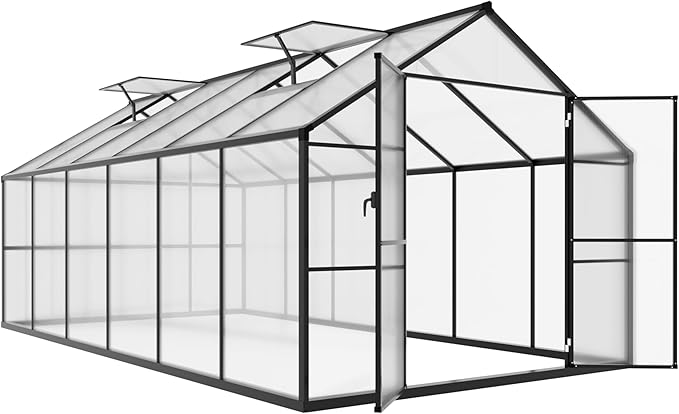 BlueWish 8x12FT Greenhouse for Outdoors, Greenhouses with 2 Adjustable Vents,Aluminum Frame, Heavy Duty Greenhouse Kit with Polycarbonate Panel, Walk-in Green House for Garden, Gray