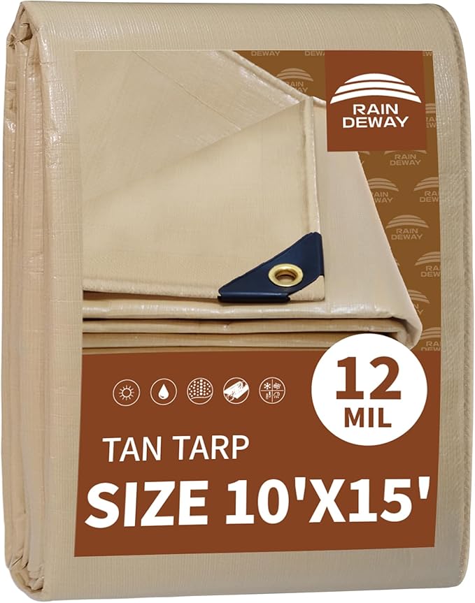 RAINDEWAY 10x15 Feet Heavy Duty Tarp,12 Mil Tan Waterproof Poly Tarp Cover,UV Resistant,Weatherproof,Durable,Multipurpose Tarps with Grommets and Reinforced Edges