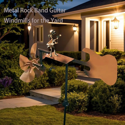 Garden Handmade Metal Rock Band Drummer Guitar Windmill, Kinetic Art Metal Sculpture Wind Spinners, Percussionist Music Rockin Art Figurine, Windmills for Yard Lawn Patio Outdoor Decor (Guitar)