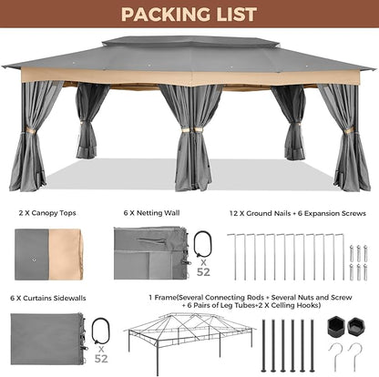 COBIZI Gazebo 12x20 Heavy Duty Gazebos with Curtain and Netting Outdoor Gazebo Canopy Double Roof Patio Gazebos with Metal Steel Frame for Patio, Garden, Backyard (Gray)