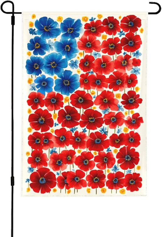 4th of July Flower Garden Flag Independence Day Decorations Vertical Double Sided Outdoor Yard Flags 12.5x18 Inch Burlap Banners for House Lawn