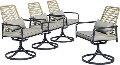 7-Piece Outdoor Dining Set, 6 Woven Swivel Chairs Set with Gray Cushions ＆ 63‘’ Rectangular Dining Table All Weather Furniture Set