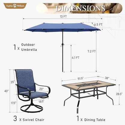 Sophia & William Patio Set with Umbrella Patio Dining Set for 6 with 13ft Rectangle Patio Umbrella Navy, 6 x Patio Chairs Blue, 1 Wood Like Outdoor Dining Table with Umbrella Hole for Lawn Garden