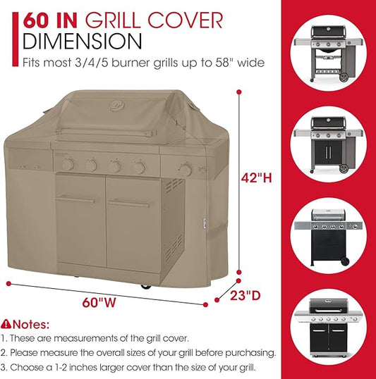 Unicook Grill Cover 60 Inch, Heavy Duty Waterproof Gas Grill Cover for Outside, Fade Resistant Barbecue Protector with Sealed Seam, Fits Weber Char-Broil Nexgrill BBQs up to 58" Wide，Neutral Taupe