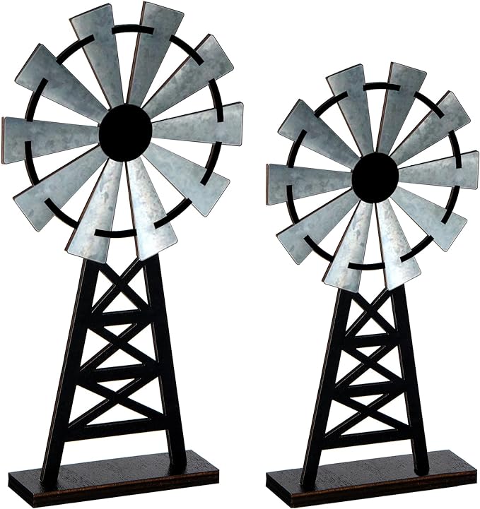 Set of 2 Wooden Farmhouse Windmill Table Top Decor Wood Small Distressed Black Grey Rustic Windmill Themed Table Decor for Kitchen Garden Home