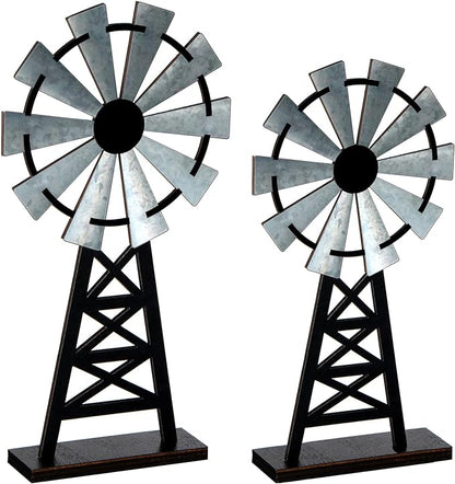 Set of 2 Wooden Farmhouse Windmill Table Top Decor Wood Small Distressed Black Grey Rustic Windmill Themed Table Decor for Kitchen Garden Home