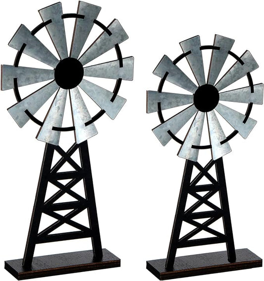 Set of 2 Wooden Farmhouse Windmill Table Top Decor Wood Small Distressed Black Grey Rustic Windmill Themed Table Decor for Kitchen Garden Home