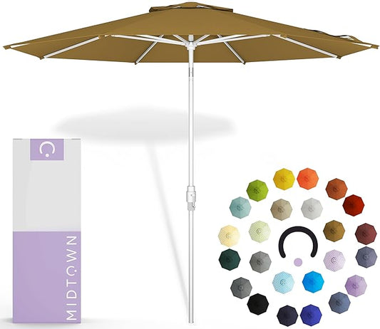 Midtown Umbrellas The Swilt 8 Feet Patio Umbrella in Terylast Sand (Tan) Polyester Fabric - Fiberglass Ribs, Auto-Tilt Aluminum Frame For Backyard, Deck, Garden, Pool - White Pole