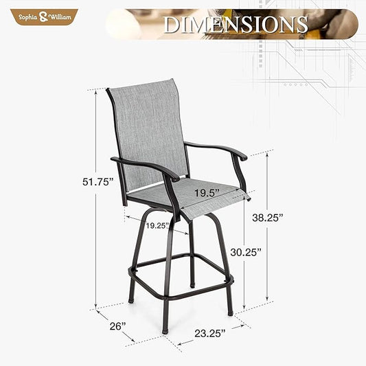 Sophia & William Swivel Bar Stools Set of 4, Bar Height Chairs, Outdoor Bar Chairs, High Top Patio Chairs, Supports 300 lbs (Grey Fabric)