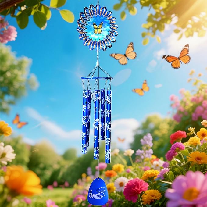 33" Memorial Wind Chimes Outside | Deep Tone Sympathy Windchime with Animated Butterfly Spinner, Rust-Resistant Garden Decoration, Gift for Women/Mom/Wife/Grandma/Housewarming