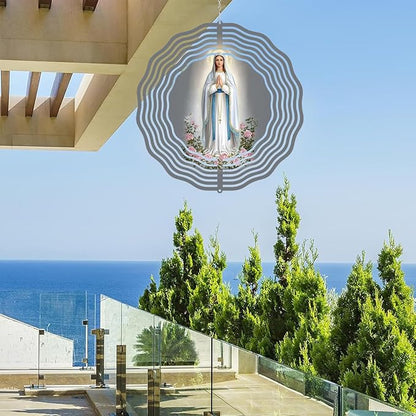 Virgin Mary Prayer Wind Spinner, Metal Wind Spinners Outdoor Indoor, Virgin Mary Cross Hanging Garden Decor for Outside, Stainless Wind Spinners for Yard and Garden 10 inch 3D (25.76X25 CM)