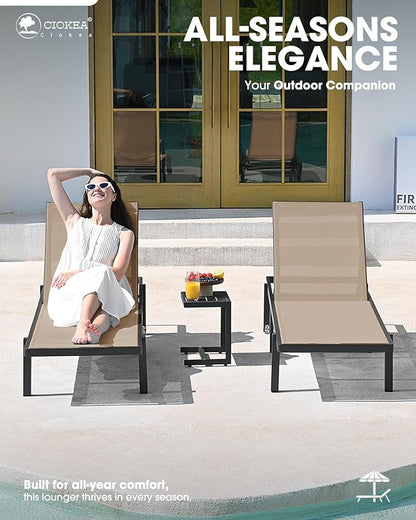 Patio Chaise Lounge Chair Set of 2, Outdoor Lounge Chairs with Wheels, 5-Position Adjustable Sun Loungers for Pool, Deck, Beach, Khaki