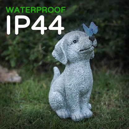 WENYLE Solar Garden Outdoor Statues Dog with Butterfly Lights, Lawn Decor Puppy Figurine for Patio Balcony Yard, Yard Unique Christmas Birthdays Gift for Mom Grandma