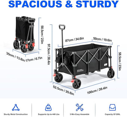 200L Collapsible Foldable Wagon, Large Heavy Duty Wagon Cart with 440lbs Weight Capacity, Folding Utility Wagon with Brake for Camping, Garden, Sports, Picnic, Shopping (Black)
