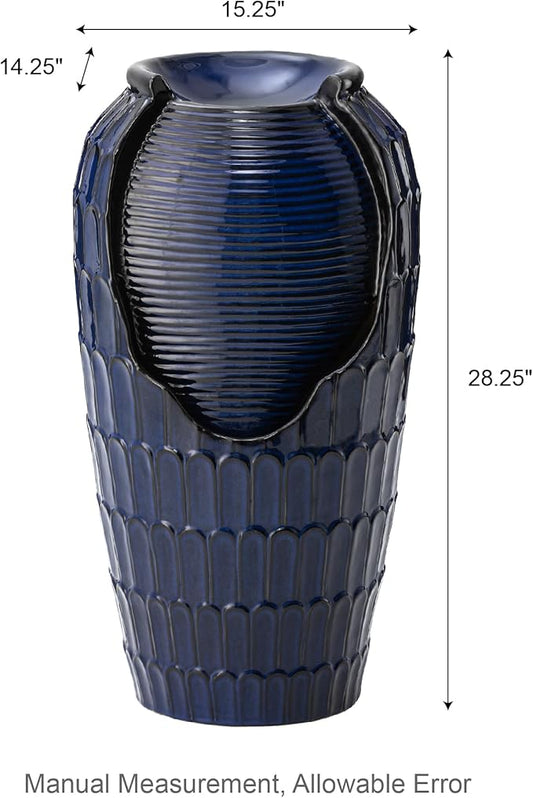 Glitzhome 28.25" H Oversized Ceramic Petals Textured Jar Outdoor Water Fountain, Vintage Cobalt Blue Glaze Vase Patio Garden Waterfall Fountain with LED Light and Submersible Pump