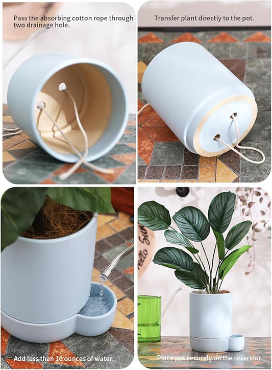 5.5 Inch Ceramic Self Watering Planters with Absorbent Cotton Rope, Cylinder Round Flower Pot for Succulent, Herbs, African Violets, Blue, 1 Pack