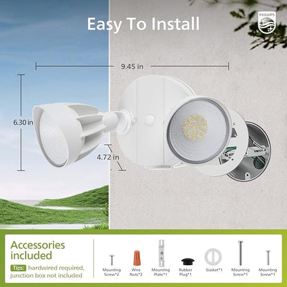 Philips Dusk to Dawn 44W 3500LM LED Security Flood Lights Outdoor, 5000K Daylight, Wet Location, Dual Adjustable Heads Aluminum Wall Light for Yard Garage Porch