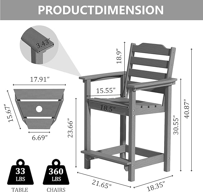 OTSUN Tall Adirondack Chairs Set of 4 with Connecting Tray, 24 inches HDPE Bar Height Outdoor Chairs, All Weather Resistant for Balcony, Porch, Kitchen (4 PCS, Grey)