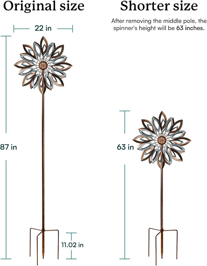 Yard Garden Wind Spinners with Solar Lights, Large Outdoor Metal Wind Spinners, Lawn Yard Art Garden Decor (22" W x 87" H)