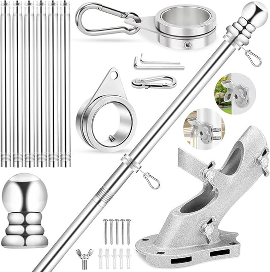 REERON Flag Pole for Outside House Porch Wall Mount, 7 FT No Tangle Stainless Steel Spinning Flagpole Kit with 1" 360° Metal Flag Pole Rings Clips & 2-Position Holder for 3x5' 4x6' American Flags