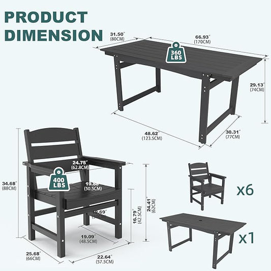 7-Piece HIPS Patio Dining Set, Outdoor Dining Table and Chairs Set with Umbrella Hole, Weatherproof Dining Table Set for 6 Person, Patio Furniture Set for Outside Deck, Black