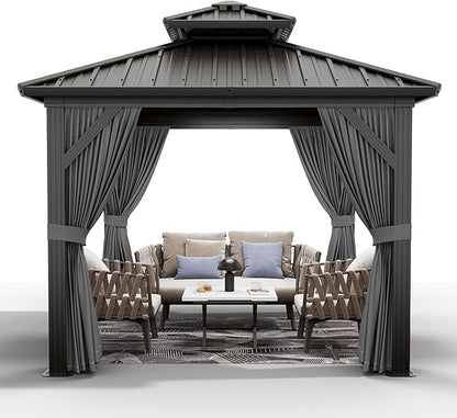 10'x10' Hardtop Gazebo, Heavy Duty Aluminum Permanent Hardtop Gazebo Outdoor Pavilion with Curtains and Netting for Garden (Gray, 10'x10')