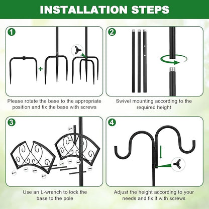 Double Shepherds Hooks for Outdoor, Upgraded Heavy Duty Bird Feeder Pole, Freestanding Hose Stand Adjustable Water Hose Holder with 5 Prongs Base, Thickened Garden Hooks for Outside Yard Lawn