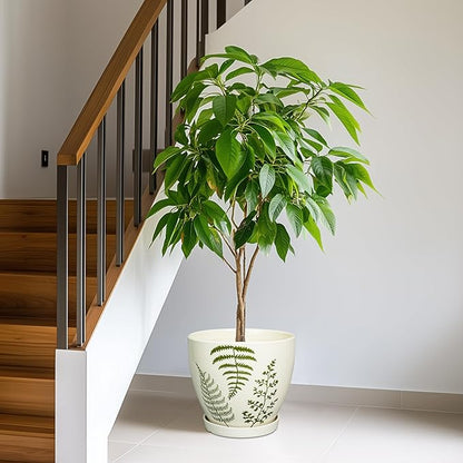 Ceramic Planter - 10 Inch Plant Pot for Outdoor Flowers with Drainage Hole and Saucer, Boho Round Decorative Indoor Flower Pot, Gifts for Plants Lovers, Home Patio Garden Room Decor, White