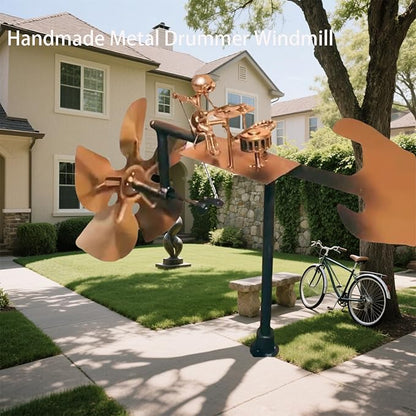 Garden Handmade Metal Rock Band Drummer Guitar Windmill, Kinetic Art Metal Sculpture Wind Spinners, Percussionist Music Rockin Art Figurine, Windmills for Yard Lawn Patio Outdoor Decor (Drummer)