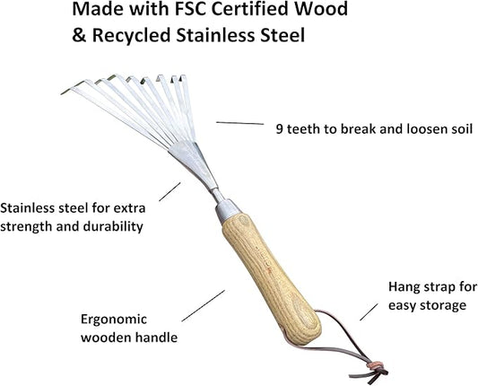 Garden Guru Eco Hand Rake Soil Tiller- 100% Recycled Stainless Steel - Rust Resistant - FSC Certified Wood Ergonomic Handle - Great for Gardening Cultivating Loosening Soil & Spreading Mulch (2 Pack)