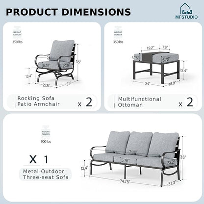 MFSTUDIO 5 Pieces Patio Conversation Sets,Outdoor Metal Furniture Sofas with 1 x 3-Seat Sofa, 2 x Swivel Chairs,2 x Ottoman,Wrought Iron Frame with Grey Cushion for Patio Courtyard Balcony