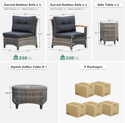MEISSALIVVE 11 Piece Outdoor Patio Furniture Set, Half-Moon Curved Sectional Sofa Rattan Conversation Set with Wood Armrests, Coffee Table & 2 Side Table（Grey）