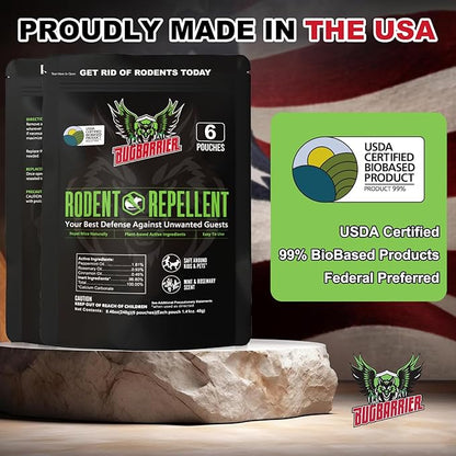 BugBarrier's Extra-Strength Mouse Repellent Deterrent Pouches, USDA 99% Biobased, Peppermint & Rosemary Oils Repel Mice Nesting in Car, RV, Boat, Garage, Shed, Cabin Made in The USA (Pack of 12)