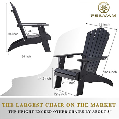 Psilvam Adirondack Chair, Oversized Poly Lumber Fire Pit Chair with Cup Holder, 350Lbs Support Patio Chairs for Garden, Weather Resistant Outdoors Seating, Relaxing Gift for Father & Mother (2, Black)