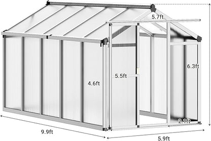 6x10 FT Greenhouse, Easy Assembly Aluminum Polycarbonate Greenhouses for Outdoors with Roof Vent, Large Aluminum Walk-in Greenhouse for Sunroom Patio, Backyard, Garden, Sliding Lockable Door, Silver