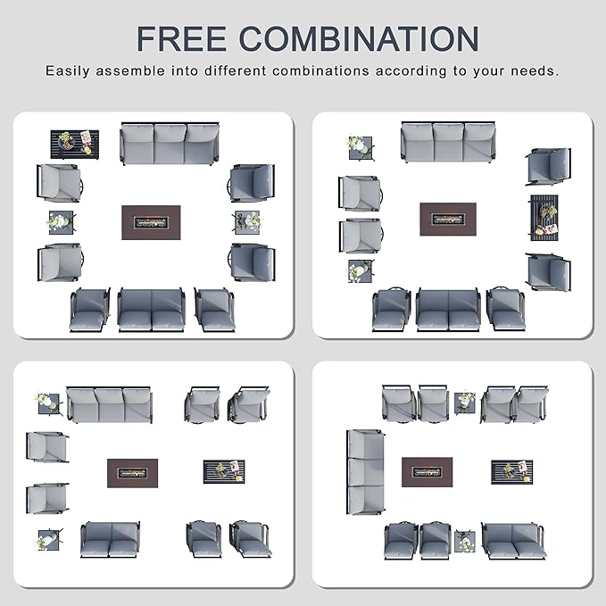 12 Pieces Patio Conversation Sets, All Weather Metal Outdoor Furniture Set, 3-Seater, 4 Swivel Rockers, 2 Single Chairs, 1 Loveseat, 2 Side Tables, 1 Coffee Table, 1 Fire Pit Table for Outside, Gray