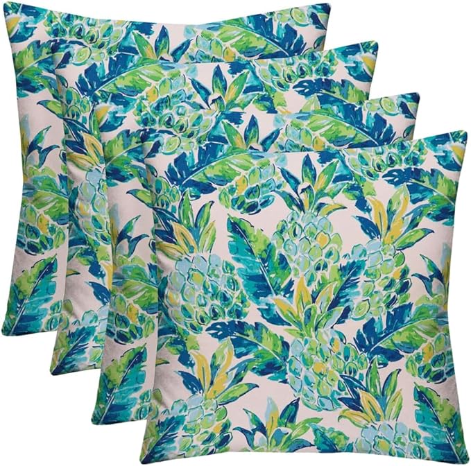 RSH DECOR: Square Throw Pillows Set of 4 | 17” x 17” | All-Weather Spun Fabric | Water and Fade-Resistant | Outdoor Accent Pillows for Patio Furniture | Vida Opal Blue Pineapple