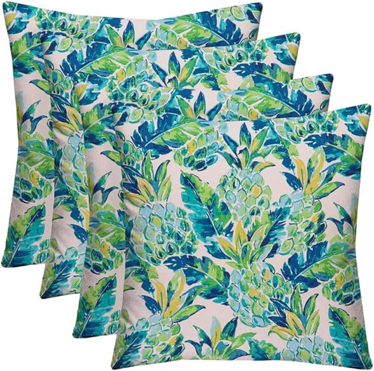 RSH DECOR: Square Throw Pillows Set of 4 | 17” x 17” | All-Weather Spun Fabric | Water and Fade-Resistant | Outdoor Accent Pillows for Patio Furniture | Vida Opal Blue Pineapple